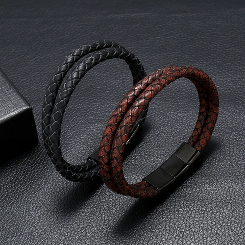 Heren Minimalistische Gevlochten PU-Leren Armband Met Roestvrijstalen Magneetsluiting Dubbellaags Geweven Polsband Mode Sieraden Cadeau