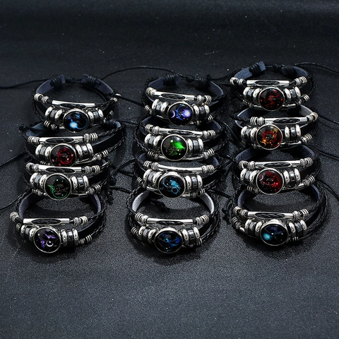 Zodiac Constellation Bracelet Genuine Leather Braided Punk Retro Adjustable Alloy Charms Men Women Astrology Wristband Jewelry