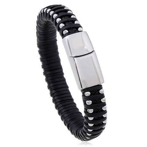 Bracciale da Uomo in Pelle PU Intrecciata a Mano in Acciaio Inossidabile Fibbia Magnetica Minimalista Gioielli di Moda
