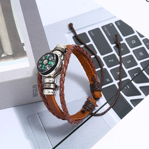 Vintage Mehrlagiges Geflochtenes Lederarmband Mit Kompass Für Herren Damen Outdoor Perlenbesetzt Rindsleder Armreif Punk Schmuck Geschenk