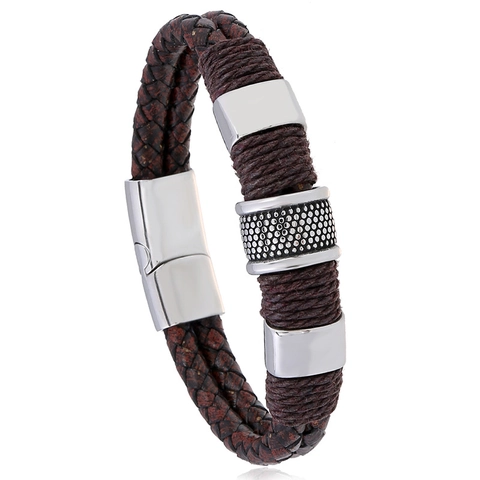 Vintage Punk Herren Titanstahl Geflochtenes Lederarmband Mehrlagiges Braunes Gewebtes Manschettenarmband Mit Edelstahl Magnetverschluss