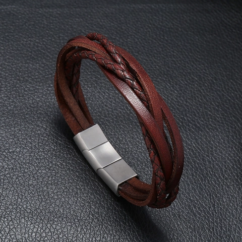 Punk Vintage Mehrlagiges Gewebtes Rindsleder Armband Für Damen Herren Edelstahl Magnetverschluss Lässiger Armreif Schmuck