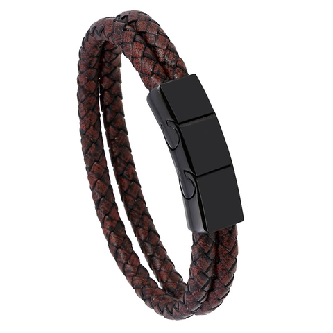 Heren Minimalistische Gevlochten PU-Leren Armband Met Roestvrijstalen Magneetsluiting Dubbellaags Geweven Polsband Mode Sieraden Cadeau