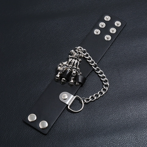 Bracciale da Uomo Punk in Pelle PU a Forma di Mano di Teschio Con Catena di Metallo Bracciale Largo Gothic Rock Gioielli con Chiusura a Scatto