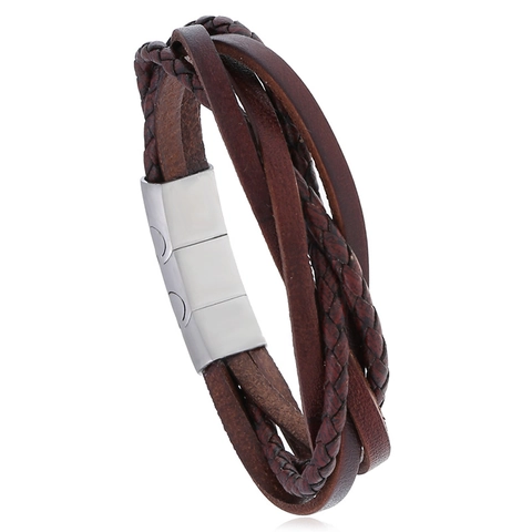 Punk Vintage Mehrlagiges Gewebtes Rindsleder Armband Für Damen Herren Edelstahl Magnetverschluss Lässiger Armreif Schmuck