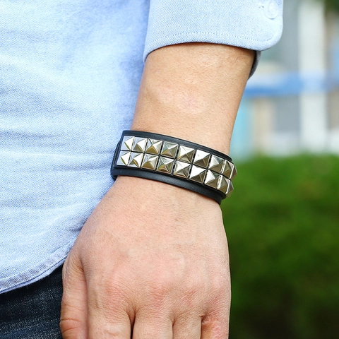 Men's Punk Double Row Studded Leather Bracelet Metal Pyramid Rivet Rock Gothic Adjustable Snap Button Wristband Jewelry