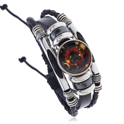 Zodiac Constellation Bracelet Genuine Leather Braided Punk Retro Adjustable Alloy Charms Men Women Astrology Wristband Jewelry
