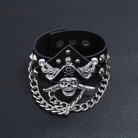 Punk Pirate Skull Wide Synthetic Leather Bracelet With Alloy Chain And Rivets For Men Women Gothic Rock Cuff Bangle Jewelry