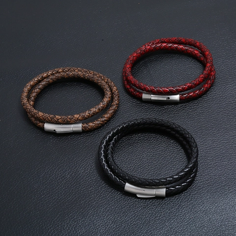 Men Vintage Double Loop Braided Artificial Leather Bracelet With Stainless Steel Metal Clasp Punk Casual Hand Jewelry
