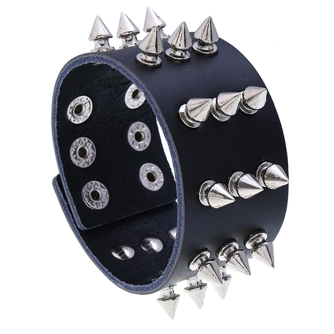 Bracciale a Polsino in Pelle Larga Punk Rock Per Uomo Donna Tre File Di Punte Argento Borchiato Cinturino Goth Gioielli Regolabili