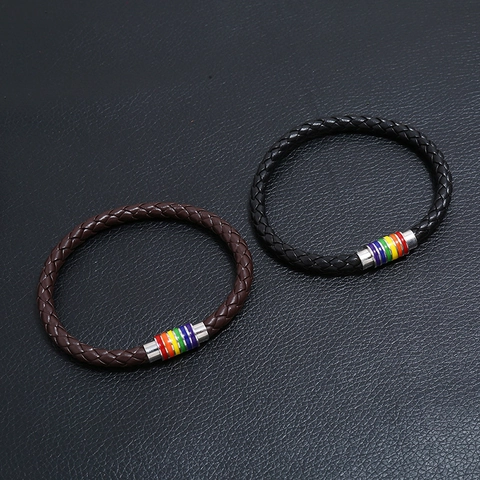 Braided PU Leather Bracelet With Rainbow Magnetic Buckle Pride LGBTQ Woven Wristband For Men Women Unisex Jewelry Gift