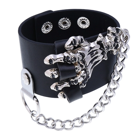 Bracciale da Uomo Punk in Pelle PU a Forma di Mano di Teschio Con Catena di Metallo Bracciale Largo Gothic Rock Gioielli con Chiusura a Scatto