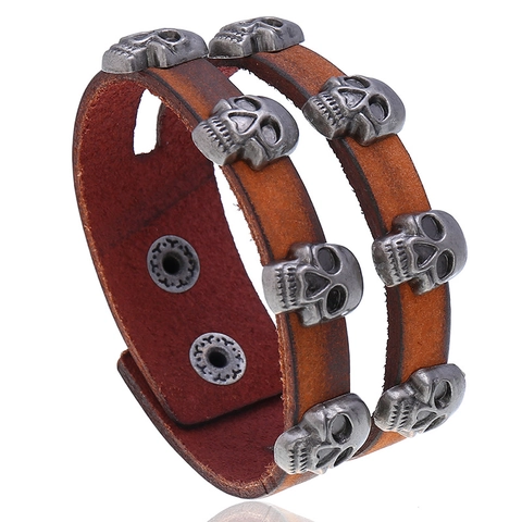 Men's Vintage Distressed Cowhide Leather Bracelet Alloy Skull Rivet Double Row Punk Rock Wristband Adjustable Jewelry
