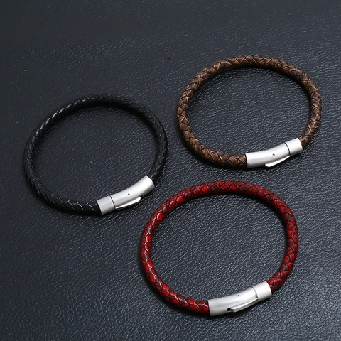Heren Retro Gevlochten Kunstleren Armband Roestvrijstalen Magneetsluiting Eenvoudige Meerlaagse Handtouw Casual Modesieraden