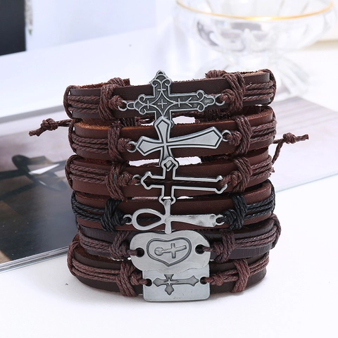 Collezione Bracciale Intrecciato in Pelle Bovina Vintage da Uomo Pendente Croce Ankh in Lega Multistrato Regolabile Retro Punk