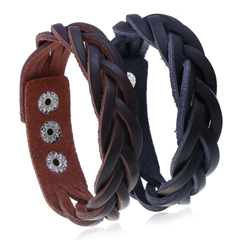 Punk Retro Woven Split Cowhide Leather Bracelet For Men Multi-layer Adjustable Alloy Snap Button Cuff Bangle Jewelry Gift