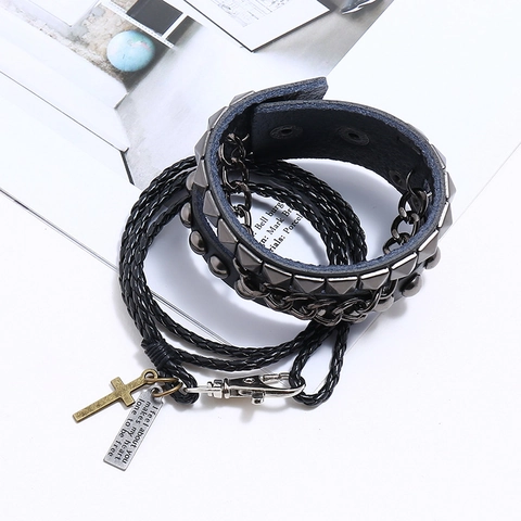 Men's Vintage Punk Multi-Layer Leather Bracelet Combination With Cross Pendant Alloy Quote Plate Biker Wrist Jewelry