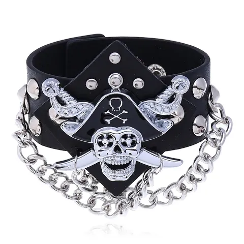 Punk Pirate Skull Wide Synthetic Leather Bracelet With Alloy Chain And Rivets For Men Women Gothic Rock Cuff Bangle Jewelry