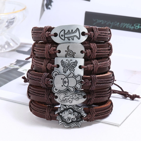 Vintage Geflochtenes Echtleder Armband Mit Legierung Tiermuster Handgefertigtes Punk Armband Für Herren Damen Schmuck Zubehör