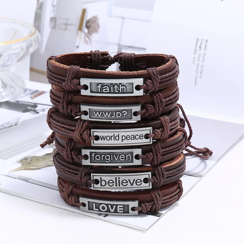 Juego de Pulseras de Cuero de Vaca Trenzado Vintage Hombre Mujer Aleación Letra Faith Believe Love Multicapa Joyería Regalo