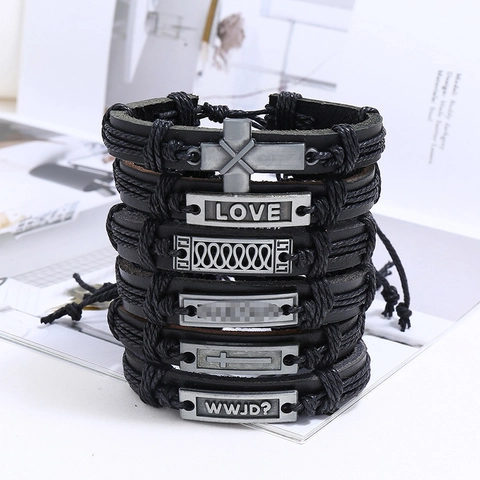 Men Retro Braided Cowhide Leather Bracelets Alloy Cross Love Letter WWJD Adjustable Punk Wrap Cord Hand Woven Jewelry