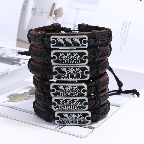 Retro Men Cowhide Bracelet Alloy Ocean Theme Dolphin Turtle Palm Tree Handwoven Bohemian Punk Jewelry Collection