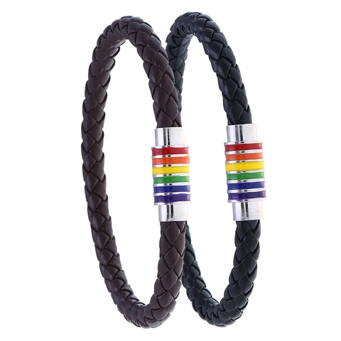 Braided PU Leather Bracelet With Rainbow Magnetic Buckle Pride LGBTQ Woven Wristband For Men Women Unisex Jewelry Gift