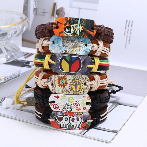 Bracciale da Uomo in Pelle Intrecciata Vintage Punk Rock Teschio Segno della Pace Farfalla Floreale Cordino Regolabile Gioielli di Moda