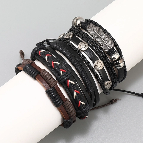Juego de Pulseras Multicapa de Cuero de Vaca Retro Punk Para Hombre Mujer Colgante Hoja Pluma Estrella Pulsera Trenzada Joyería