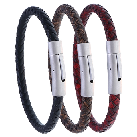 Heren Retro Gevlochten Kunstleren Armband Roestvrijstalen Magneetsluiting Eenvoudige Meerlaagse Handtouw Casual Modesieraden