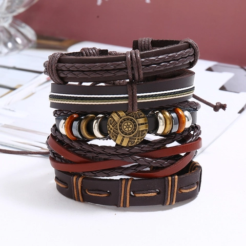 Vintage Punk Woven Cowhide Leather Bracelet Combination Set For Men Women Handmade Alloy Charm Layered Wristband Jewelry