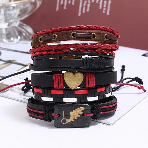Bracelet Vintage Punk en Cuir de Vache Tressé avec Pendentif Coeur et Aile en Alliage Bracelet Multi-rangs Réglable pour Hommes Femmes
