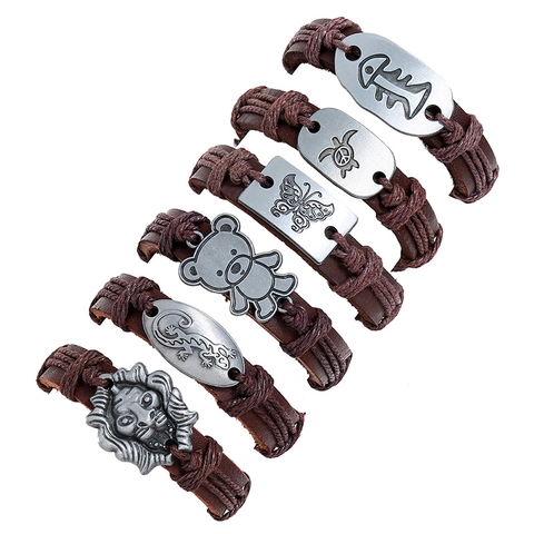 Vintage Geflochtenes Echtleder Armband Mit Legierung Tiermuster Handgefertigtes Punk Armband Für Herren Damen Schmuck Zubehör