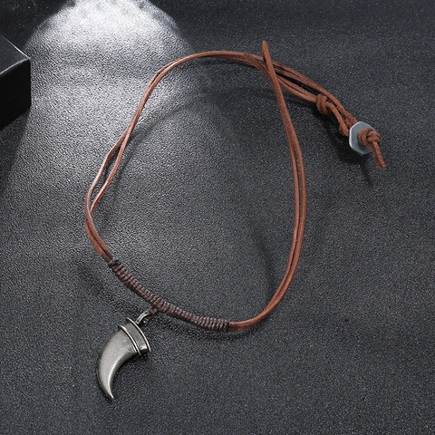 Vintage Punk Herren Horn Anhänger Halskette Geflochtenes Rindsleder Wachskordel Antik Silber Legierung Zahn Schmuck