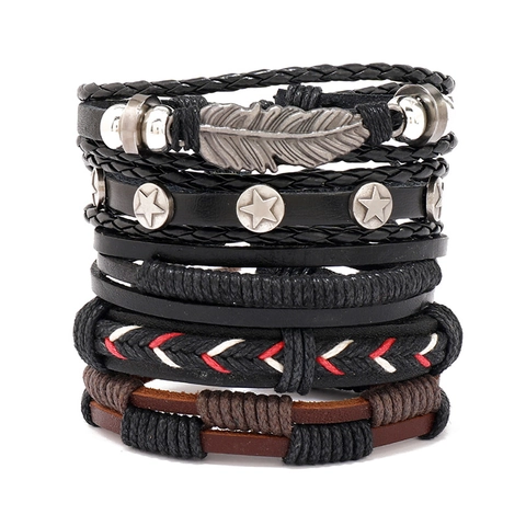 Juego de Pulseras Multicapa de Cuero de Vaca Retro Punk Para Hombre Mujer Colgante Hoja Pluma Estrella Pulsera Trenzada Joyería