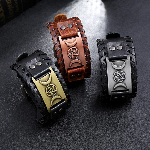 Punk Vintage Woven Leather Bracelet Viking Totem Pirate Men Wide Punk Gothic Bangle Fashion Jewelry Gift