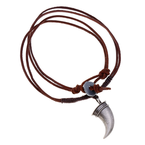 Vintage Punk Herren Horn Anhänger Halskette Geflochtenes Rindsleder Wachskordel Antik Silber Legierung Zahn Schmuck