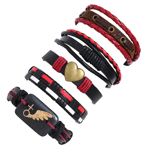 Bracelet Vintage Punk en Cuir de Vache Tressé avec Pendentif Coeur et Aile en Alliage Bracelet Multi-rangs Réglable pour Hommes Femmes