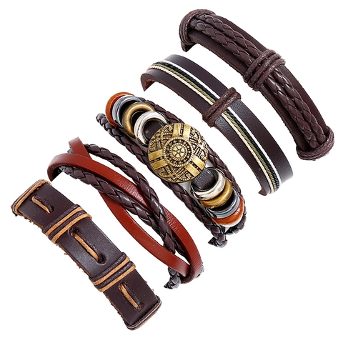 Vintage Punk Woven Cowhide Leather Bracelet Combination Set For Men Women Handmade Alloy Charm Layered Wristband Jewelry