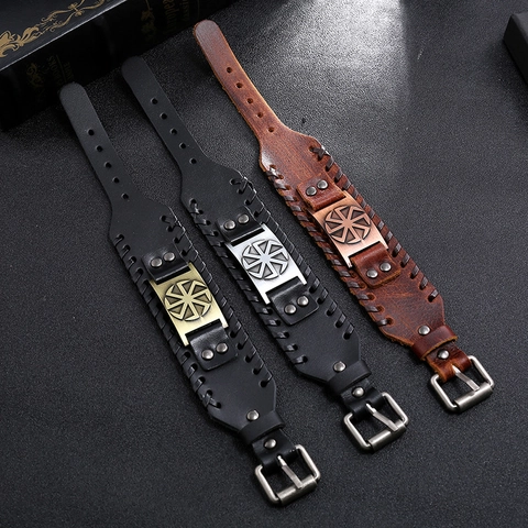 Bracciale Vintage in Pelle di Vacchetta Intrecciata per Uomo Punk Slavo Kolovrat Sole Ruota Regolabile Viking Polsino Gioielli