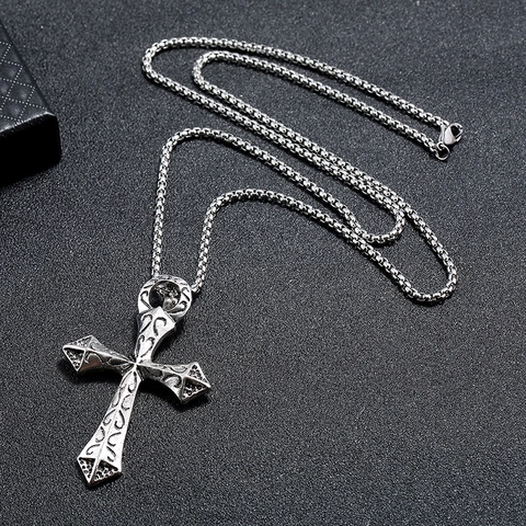 Collier Pendentif Croix Vintage Punk pour Homme Argent Antique Alliage Acier Inoxydable Gothique Motif à Volutes Bijoux Religieux