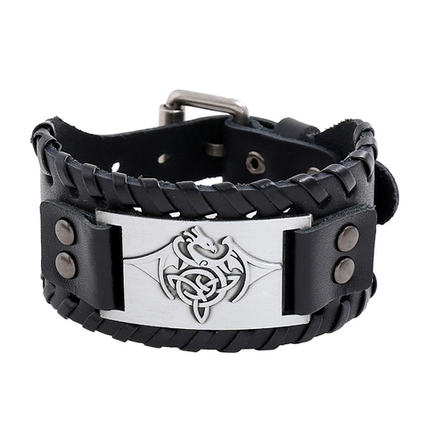 Men Retro Braided Cowhide Leather Bracelet Wide Cuff Punk Viking Dragon Embossed Metal Plate Adjustable Buckle Jewelry