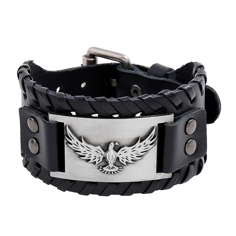 Bracelet en Cuir Large Viking Nordique Relief Aigle Pour Hommes Punk Tressé Cuir de Vache Bangle Retro Bijoux Réglables