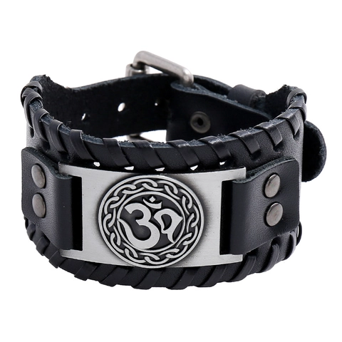 Bracciale in Pelle da Uomo Retro Intrecciato Polsino in Pelle Vaccina Simbolo Om Nodo Celtico Punk Vichingo Biker Gioielli Regolabili