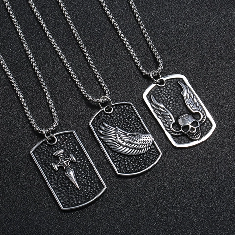 Collana con Pendente da Uomo Punk Gothic in Acciaio Inossidabile e Lega Retro Teschio Ala Croce Dog Tag Gioielli Hip Hop