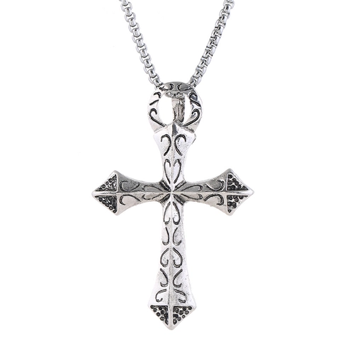 Collier Pendentif Croix Vintage Punk pour Homme Argent Antique Alliage Acier Inoxydable Gothique Motif à Volutes Bijoux Religieux