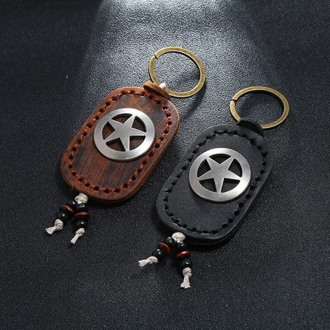 Vintage Handgefertigtes Rindsleder Schlüsselanhänger Für Damen Herren Stern Metall Abzeichen Retro Auto Schlüsselring Mit Holzperlen