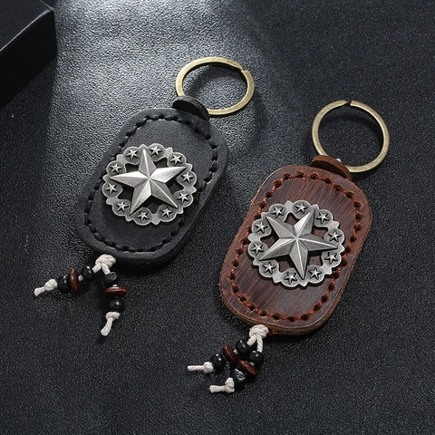 Retro Punk Cowhide Pentagram Keychain Handmade Leather Star Key Ring Wood Bead Tassel Car Bag Hanging Decor Men Women Gift