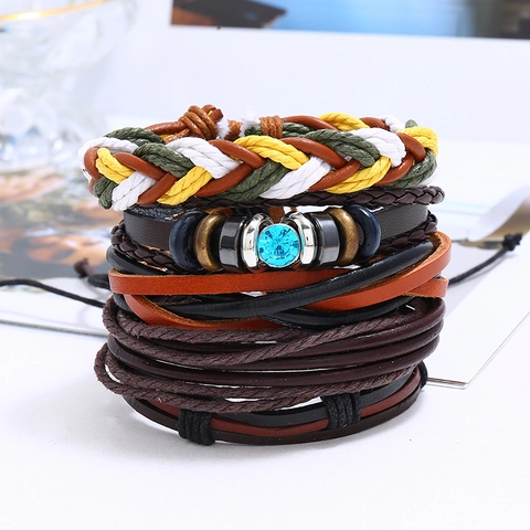 Vintage Men's 5-Piece Braided Leather Bracelet Set Handmade Multilayer Bohemian Adjustable Wrap Rhinestone Cord Jewelry