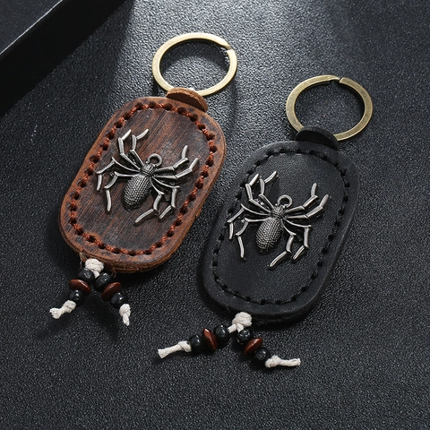 Portachiavi con Ragno in Pelle di Vacchetta Vintage per Uomo Donna Retro Punk Pendente in Lega con Perline in Legno Accessorio